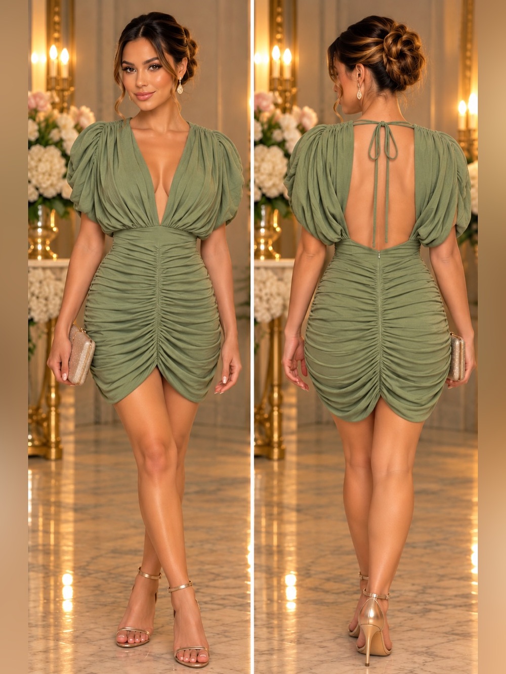Lovers and Friends Olive Green Plunge Ruched Open Back Mini Dress Small